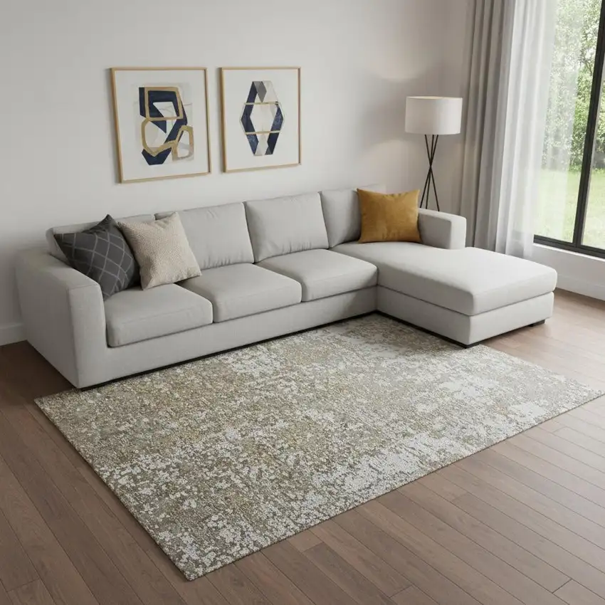 Gold and Ivory Abstract Area Rug With Fringe Photo 1