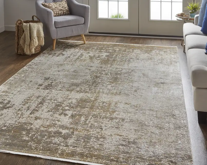 Taupe Ivory And Gold Abstract Area Rug With Fringe Photo 7