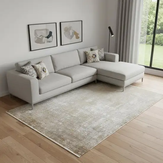 Taupe Ivory And Gold Abstract Area Rug With Fringe Photo 1