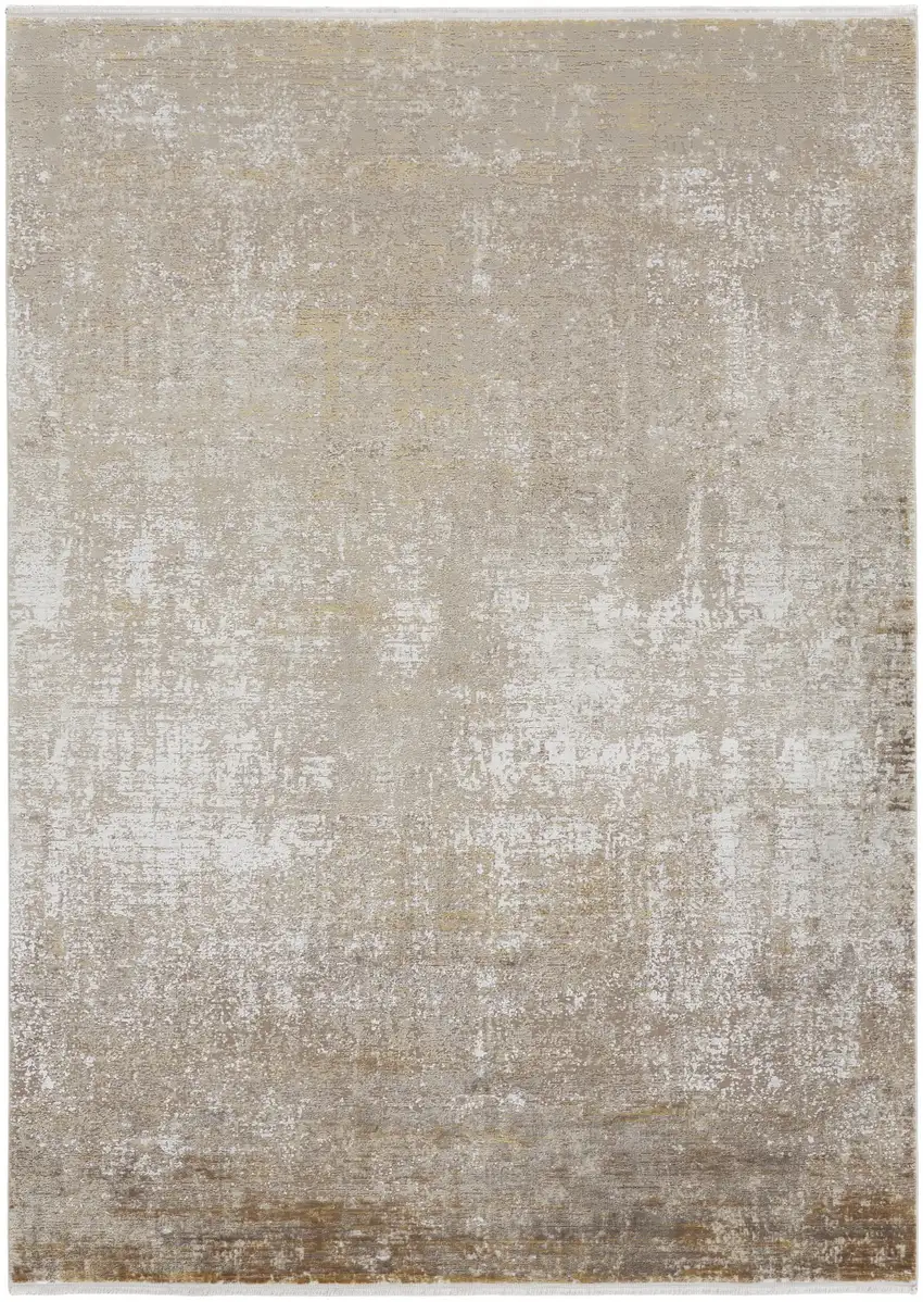 Taupe Ivory And Gold Abstract Area Rug With Fringe Photo 1