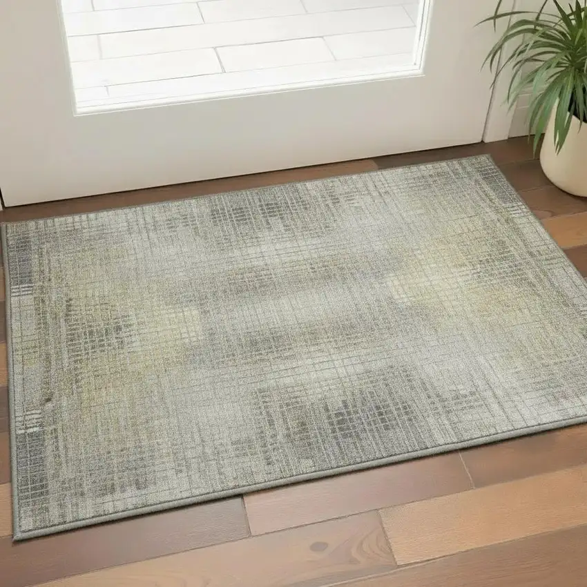 Taupe Ivory And Gold Abstract Geometric Washable Area Rug With UV Protection Photo 2