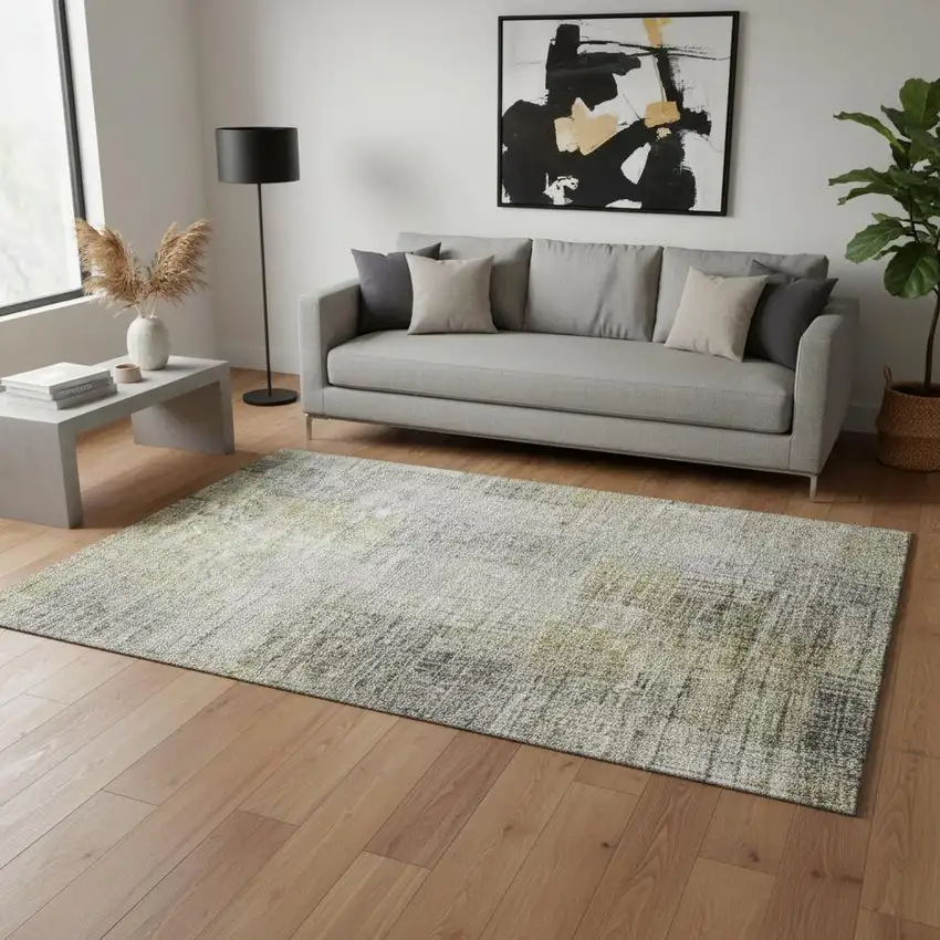 Taupe Ivory And Gold Abstract Geometric Washable Area Rug With UV Protection Photo 2