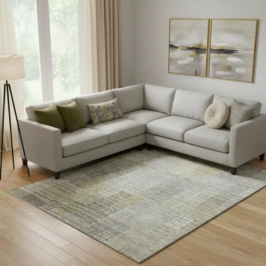 Taupe Ivory And Gold Abstract Geometric Washable Area Rug With UV Protection Photo 1