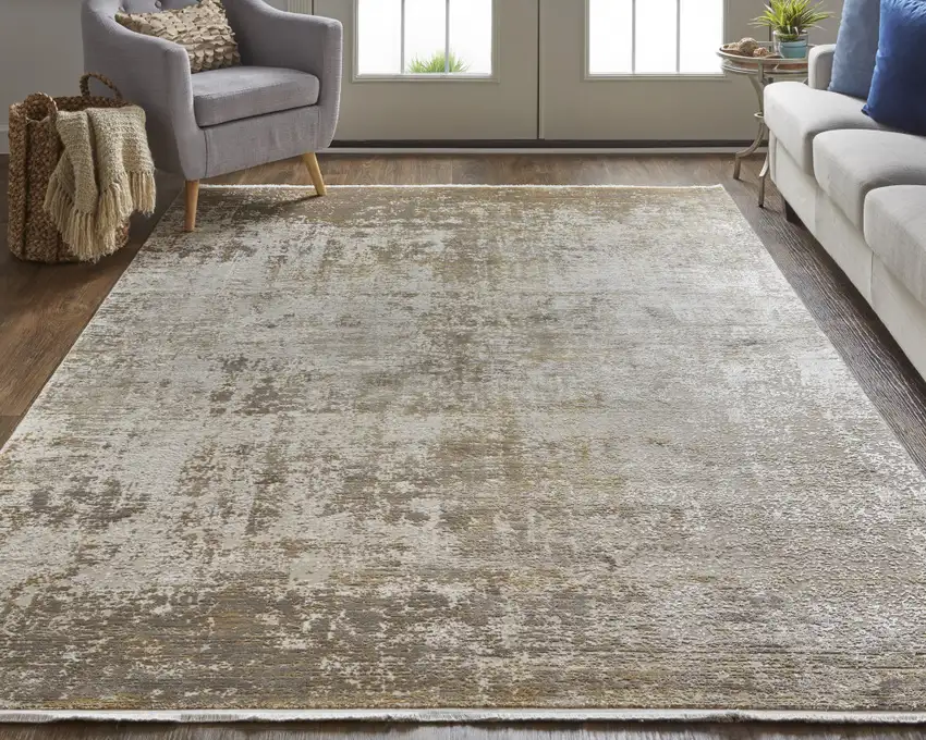 Gold and Ivory Abstract Power Loom Distressed Area Rug With Fringe Photo 7