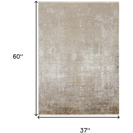 Gold and Ivory Abstract Power Loom Distressed Area Rug With Fringe Photo 3