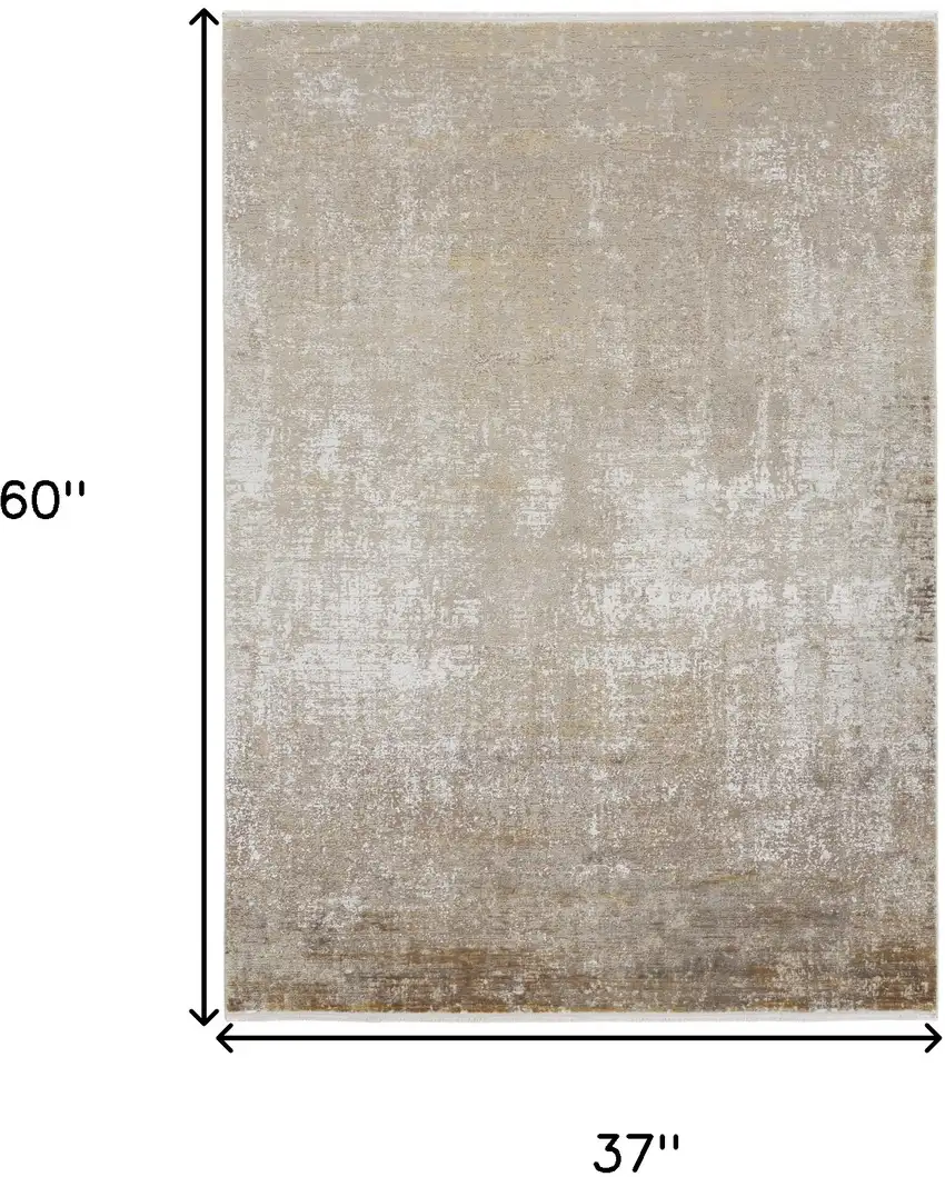 Gold and Ivory Abstract Power Loom Distressed Area Rug With Fringe Photo 3