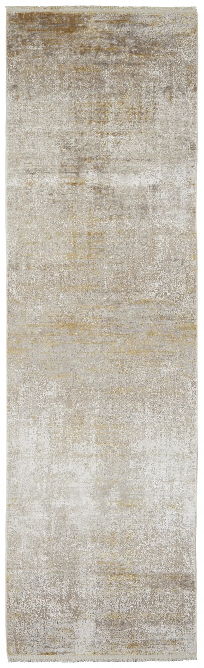 Taupe Ivory And Gold Abstract Runner Rug With Fringe Photo 1