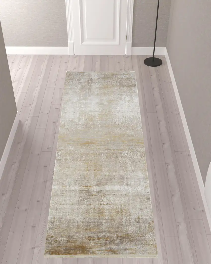 Taupe Ivory And Gold Abstract Runner Rug With Fringe Photo 2