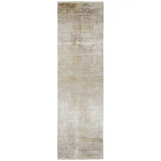 3' X 10' Taupe Ivory And Gold Abstract Runner Rug With Fringe Photo 2