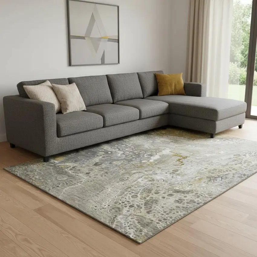 Taupe Ivory And Gold Abstract Washable Area Rug With UV Protection Photo 1