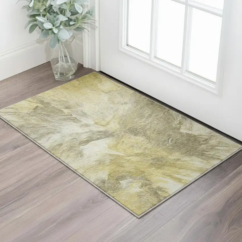 Taupe Ivory And Gold Abstract Washable Area Rug With UV Protection Photo 2