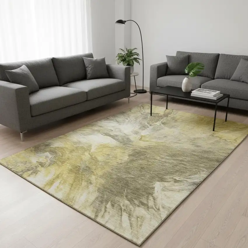 Taupe Ivory And Gold Abstract Washable Area Rug With UV Protection Photo 2
