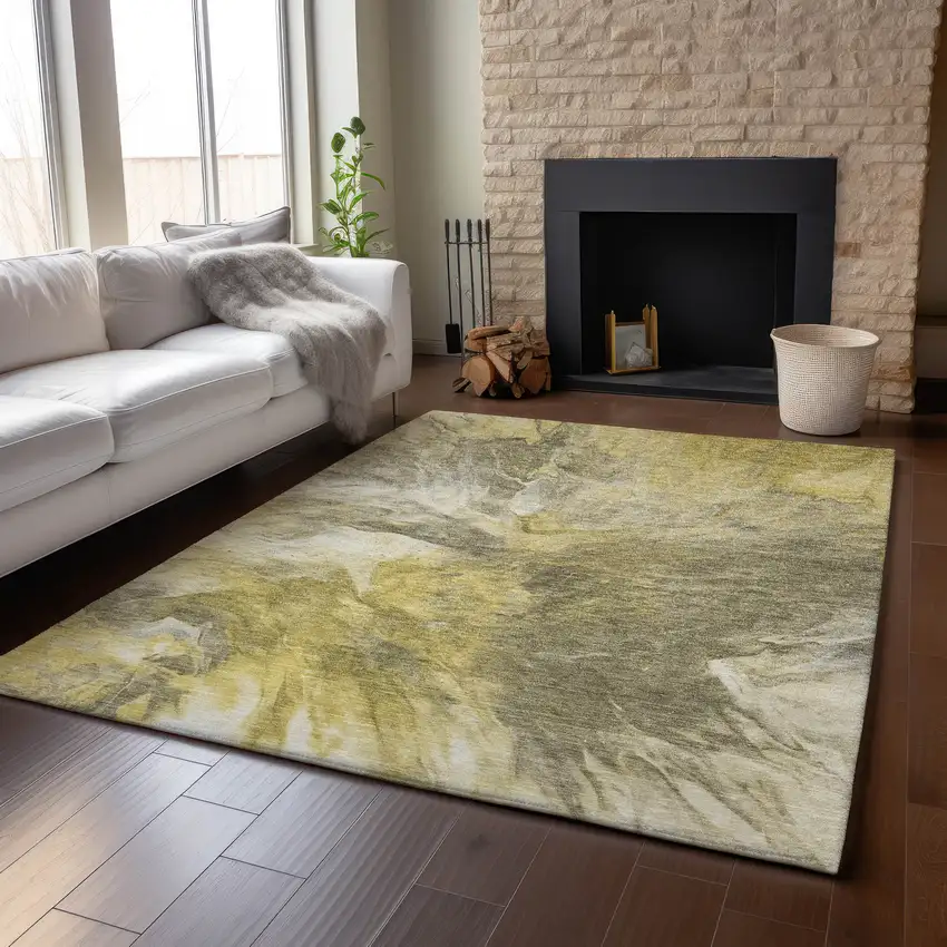 Taupe Ivory And Gold Abstract Washable Area Rug With UV Protection Photo 6
