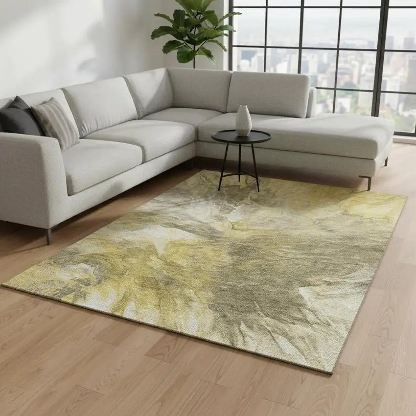 Taupe Ivory And Gold Abstract Washable Area Rug With UV Protection Photo 2