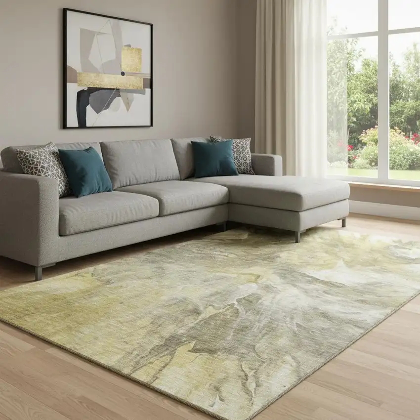 Taupe Ivory And Gold Abstract Washable Area Rug With UV Protection Photo 1