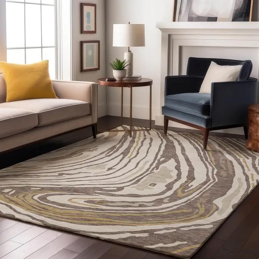 Taupe Ivory And Gold Abstract Washable Area Rug With UV Protection Photo 4