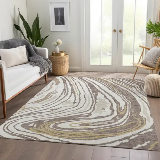 Taupe Ivory And Gold Abstract Washable Area Rug With UV Protection Photo 5