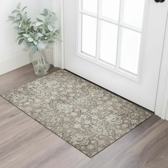 Taupe Ivory And Gold Floral Medallion Washable Area Rug With UV Protection Photo 1
