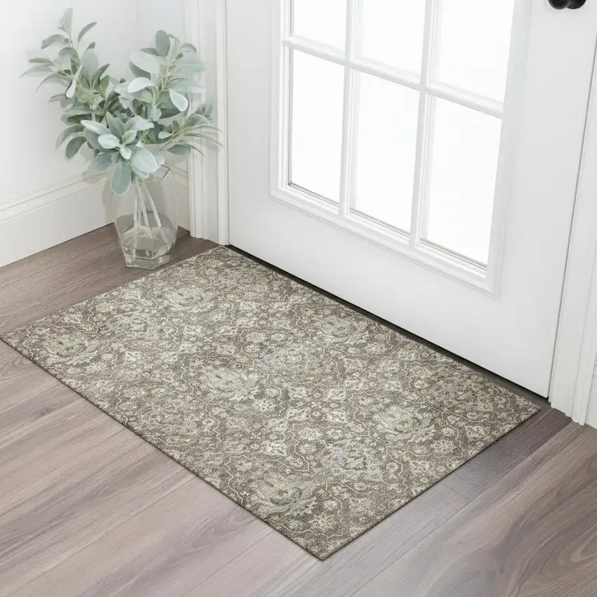 Taupe Ivory And Gold Floral Medallion Washable Area Rug With UV Protection Photo 1