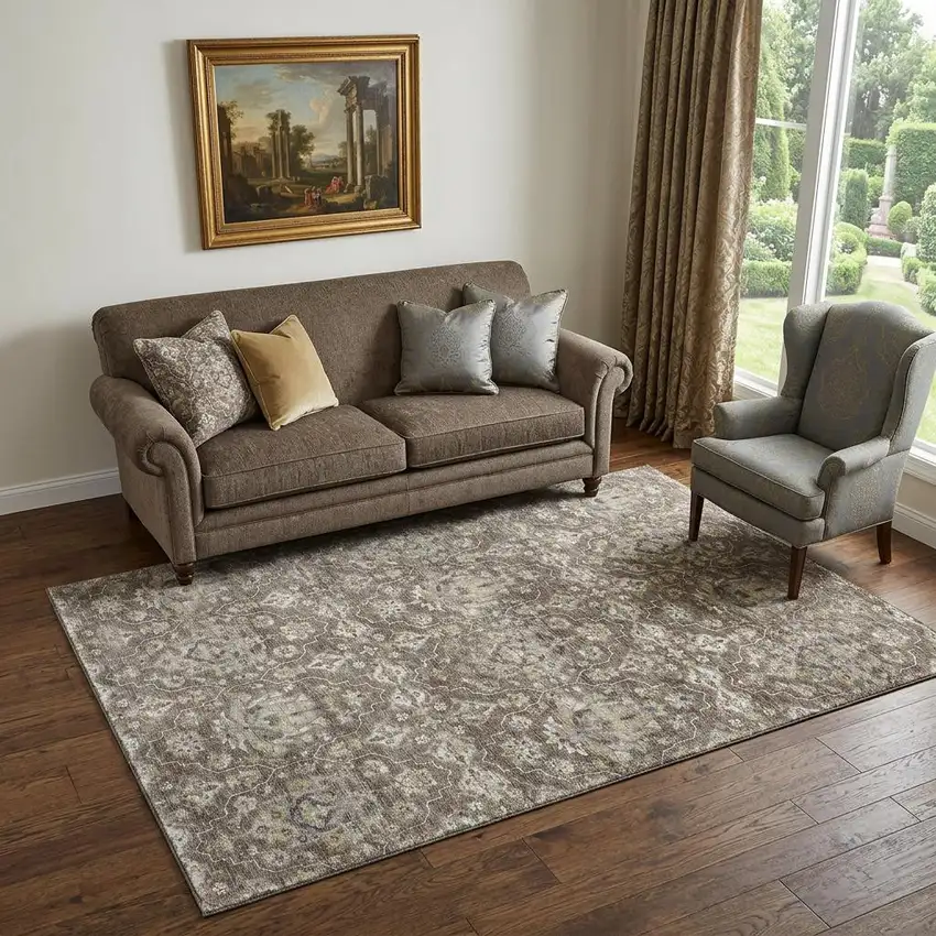 Taupe Ivory And Gold Floral Medallion Distressed Washable Area Rug With UV Protection Photo 1