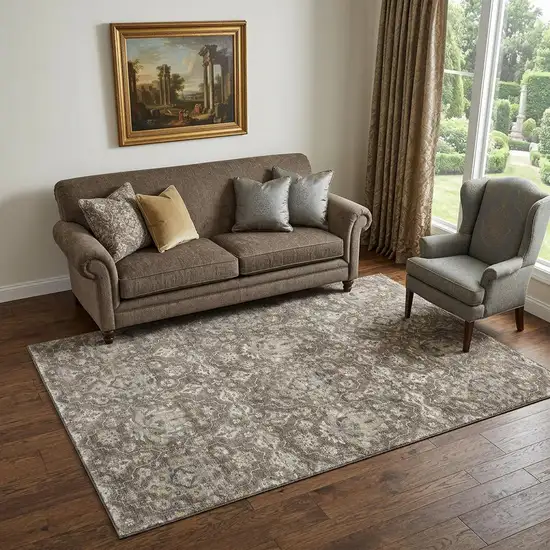 Taupe Ivory And Gold Floral Medallion Distressed Washable Area Rug With UV Protection Photo 1