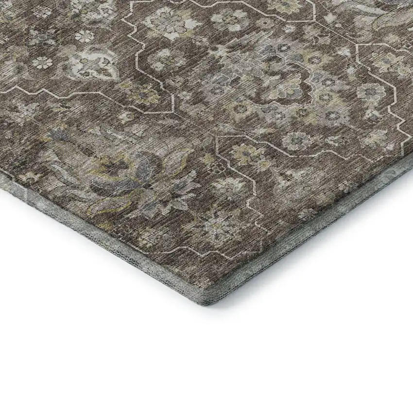 Taupe Ivory And Gold Floral Medallion Washable Area Rug With UV Protection Photo 9