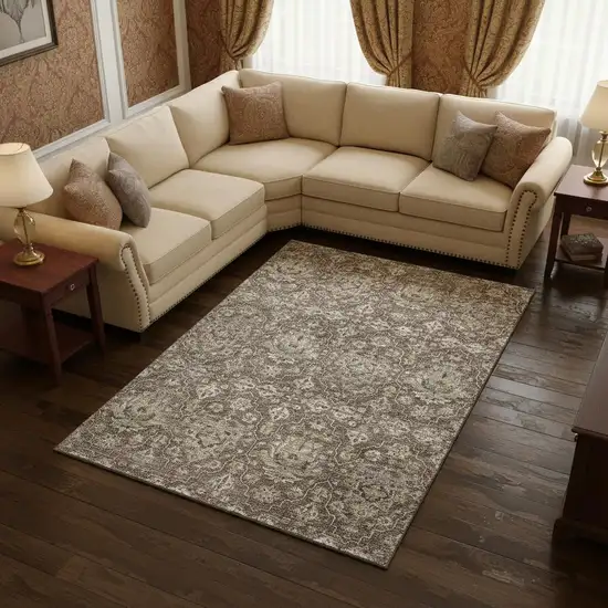 Taupe Ivory And Gold Floral Medallion Washable Area Rug With UV Protection Photo 1