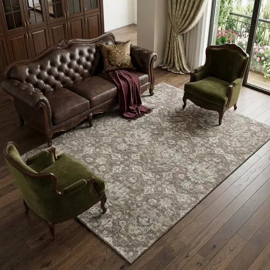 Taupe Ivory And Gold Floral Medallion Distressed Washable Area Rug With UV Protection Photo 1