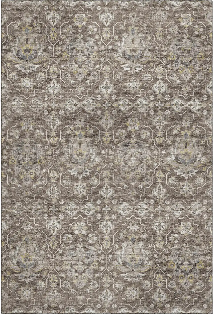 Taupe Ivory And Gold Floral Medallion Washable Area Rug With UV Protection Photo 2