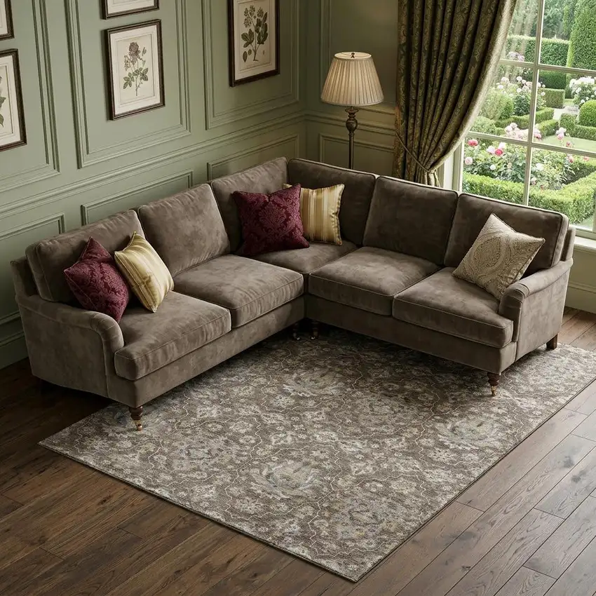 Taupe Ivory And Gold Floral Medallion Distressed Washable Area Rug With UV Protection Photo 1