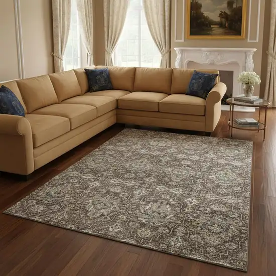 Taupe Ivory And Gold Floral Medallion Washable Area Rug With UV Protection Photo 1