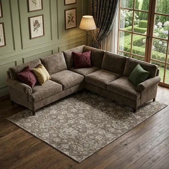 Taupe Ivory And Gold Floral Medallion Distressed Washable Area Rug With UV Protection Photo 1