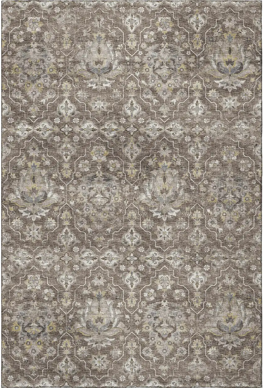 Taupe Ivory And Gold Floral Medallion Washable Area Rug With UV Protection Photo 4