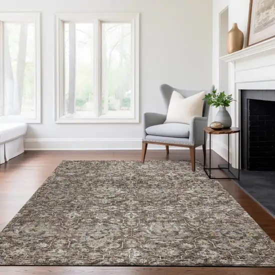 Taupe Ivory And Gold Floral Medallion Washable Area Rug With UV Protection Photo 6