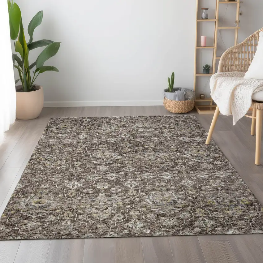 Taupe Ivory And Gold Floral Medallion Washable Area Rug With UV Protection Photo 5