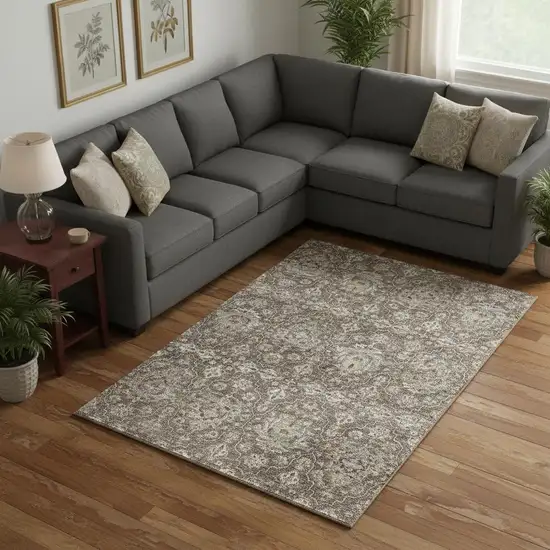 Taupe Ivory And Gold Floral Medallion Washable Area Rug With UV Protection Photo 1