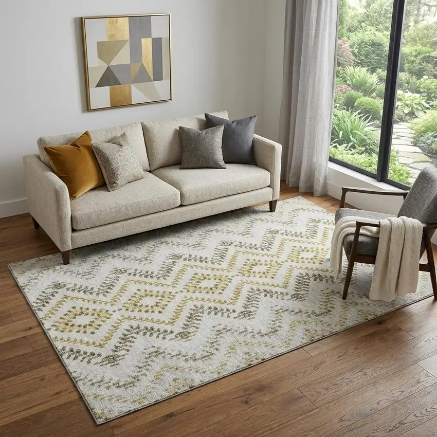 Taupe Ivory And Gold Geometric Washable Area Rug With UV Protection Photo 1