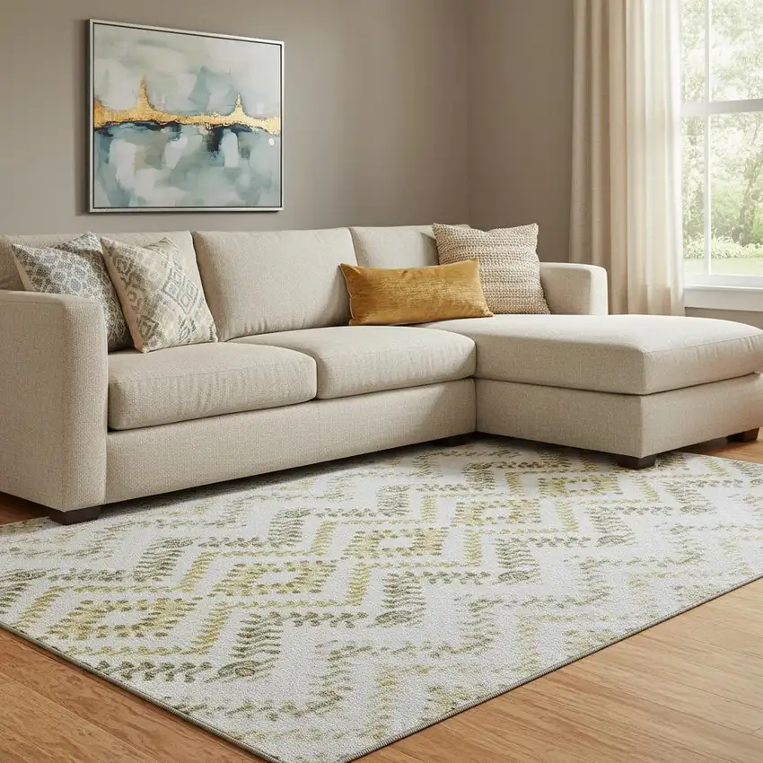 Taupe Ivory And Gold Geometric Washable Area Rug With UV Protection Photo 1