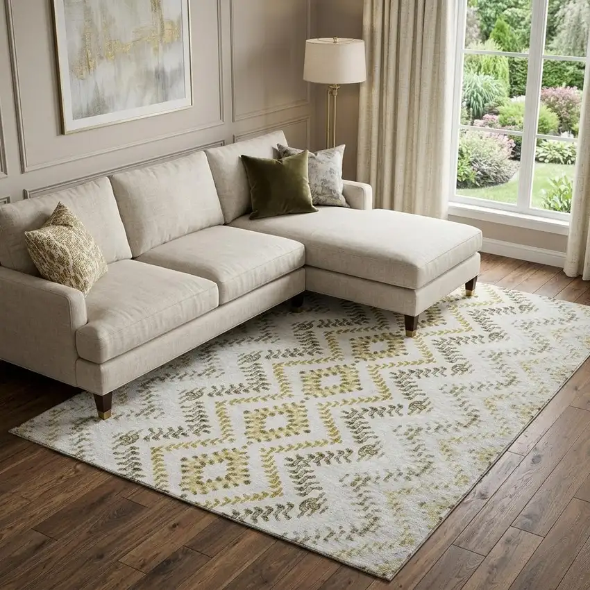 Taupe Ivory And Gold Geometric Washable Area Rug With UV Protection Photo 1