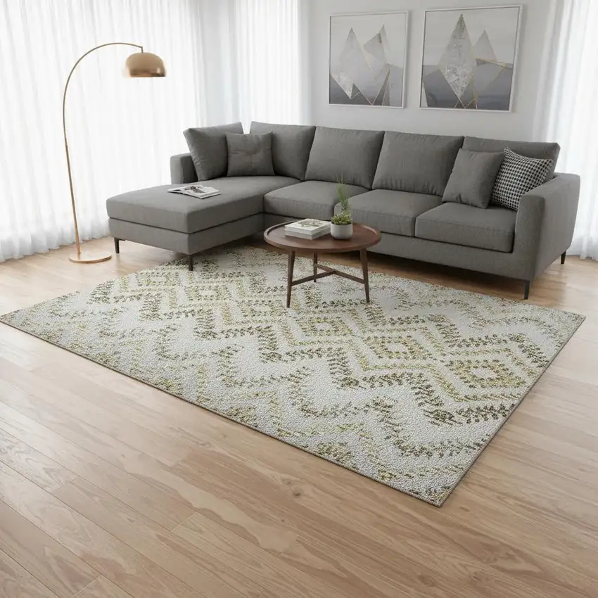 Taupe Ivory And Gold Geometric Washable Area Rug With UV Protection Photo 1