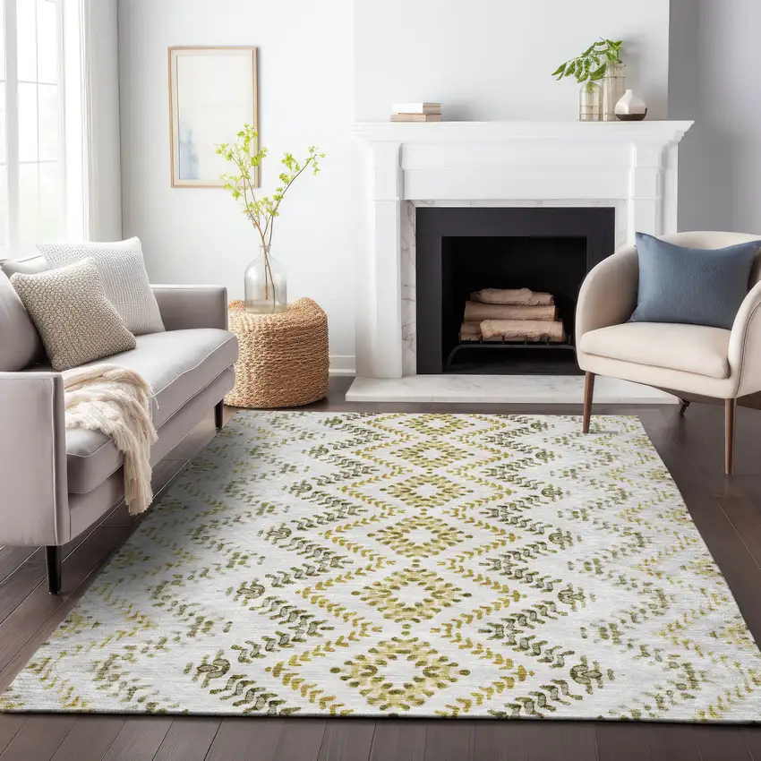 Taupe Ivory And Gold Geometric Washable Area Rug With UV Protection Photo 5