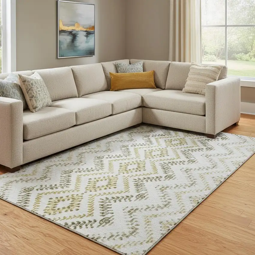 Taupe Ivory And Gold Geometric Washable Area Rug With UV Protection Photo 1