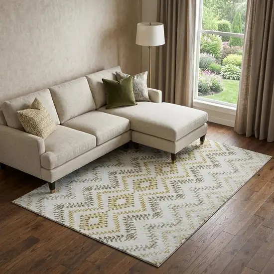 Taupe Ivory And Gold Geometric Washable Area Rug With UV Protection Photo 1
