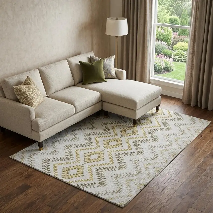 Taupe Ivory And Gold Geometric Washable Area Rug With UV Protection Photo 1