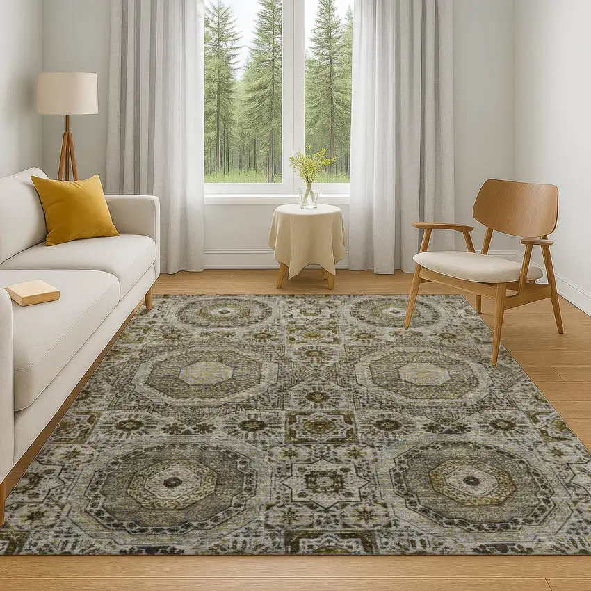 Taupe Ivory And Gold Medallion Washable Area Rug With UV Protection Photo 6