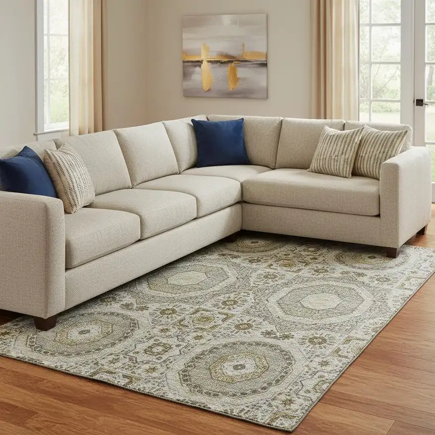 Taupe Ivory And Gold Medallion Washable Area Rug With UV Protection Photo 2