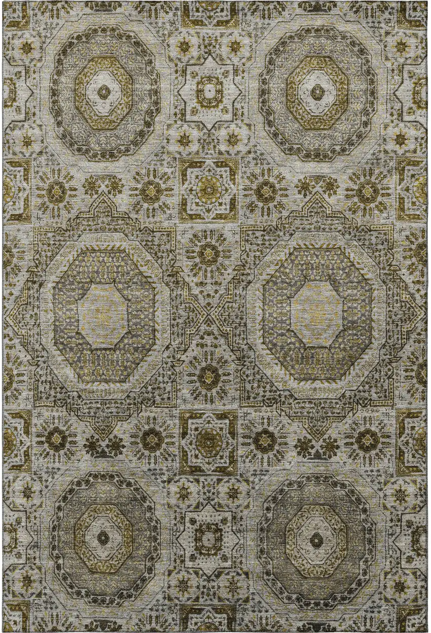 Taupe Ivory And Gold Medallion Washable Area Rug With UV Protection Photo 4