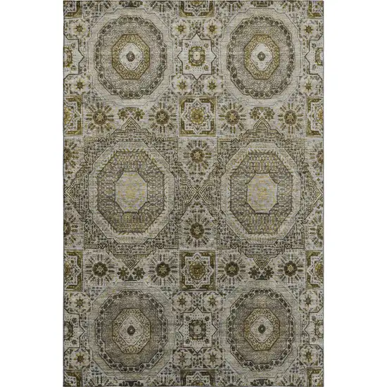 Taupe Ivory And Gold Medallion Washable Area Rug With UV Protection Photo 1