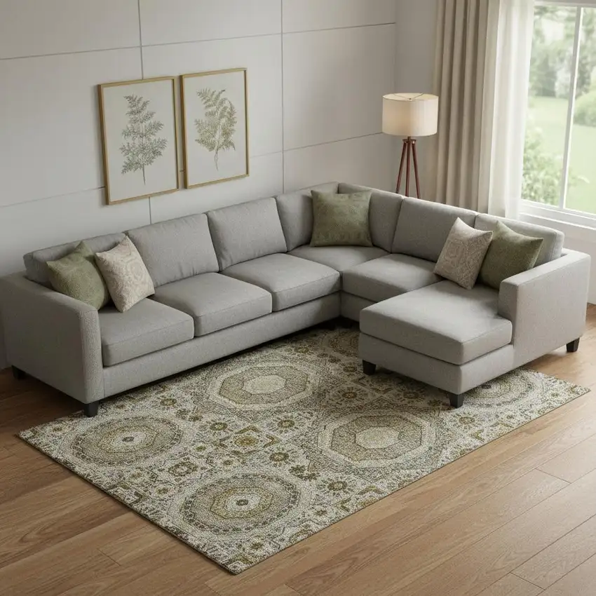 Taupe Ivory And Gold Medallion Washable Area Rug With UV Protection Photo 2