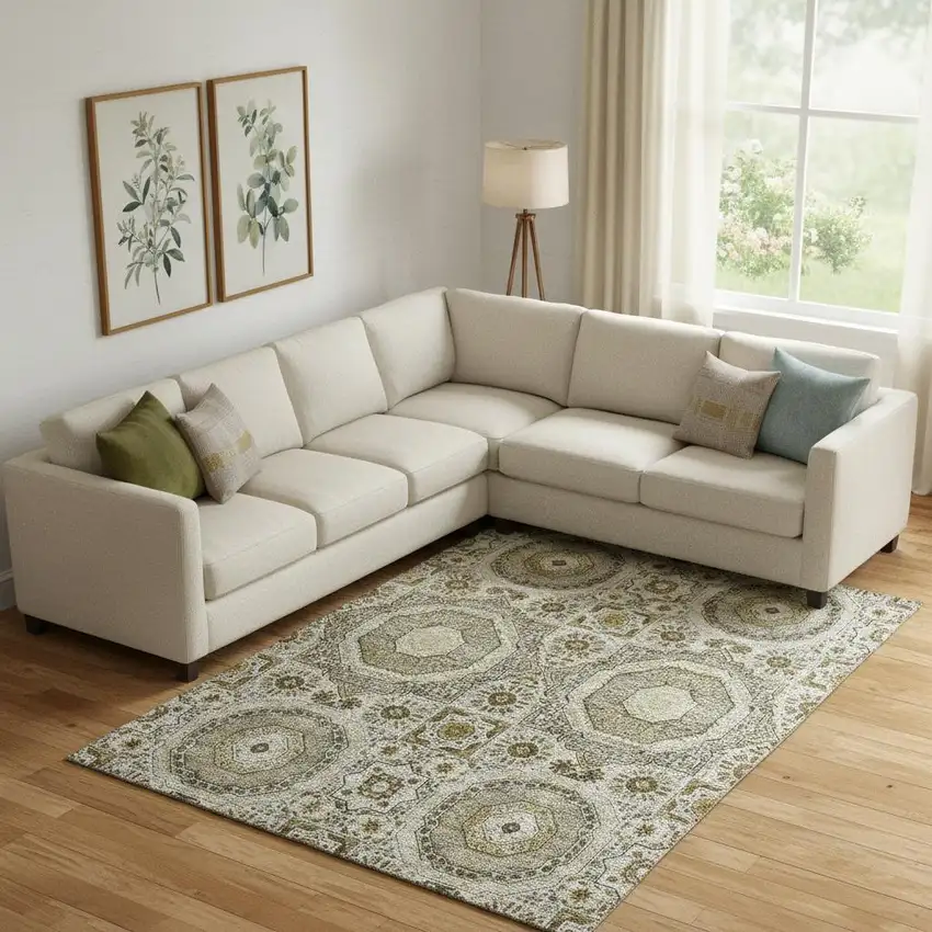 Taupe Ivory And Gold Medallion Washable Area Rug With UV Protection Photo 2